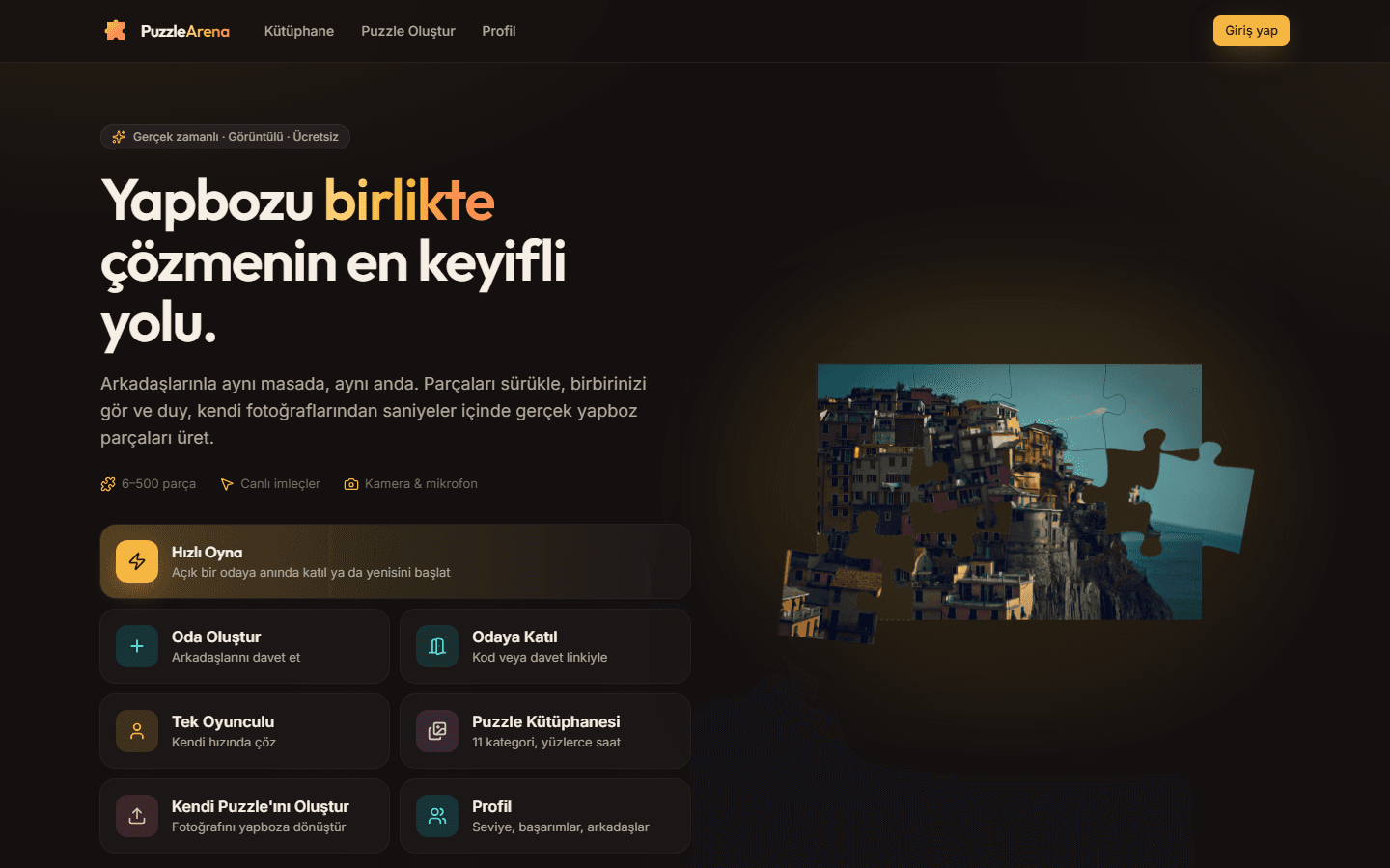 Puzzle Arena home screen with quick play, room options and popular puzzles