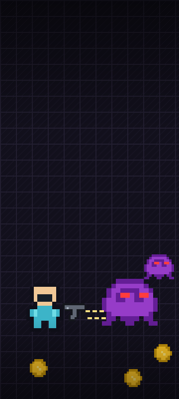 Pixel-art player firing a pistol at purple shadows on a dark grid, with gold coins scattered around